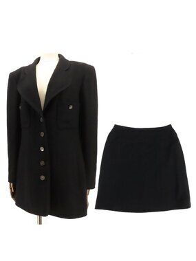 Chanel Skirt Suit Set Vintage Black Wool Polyester 42